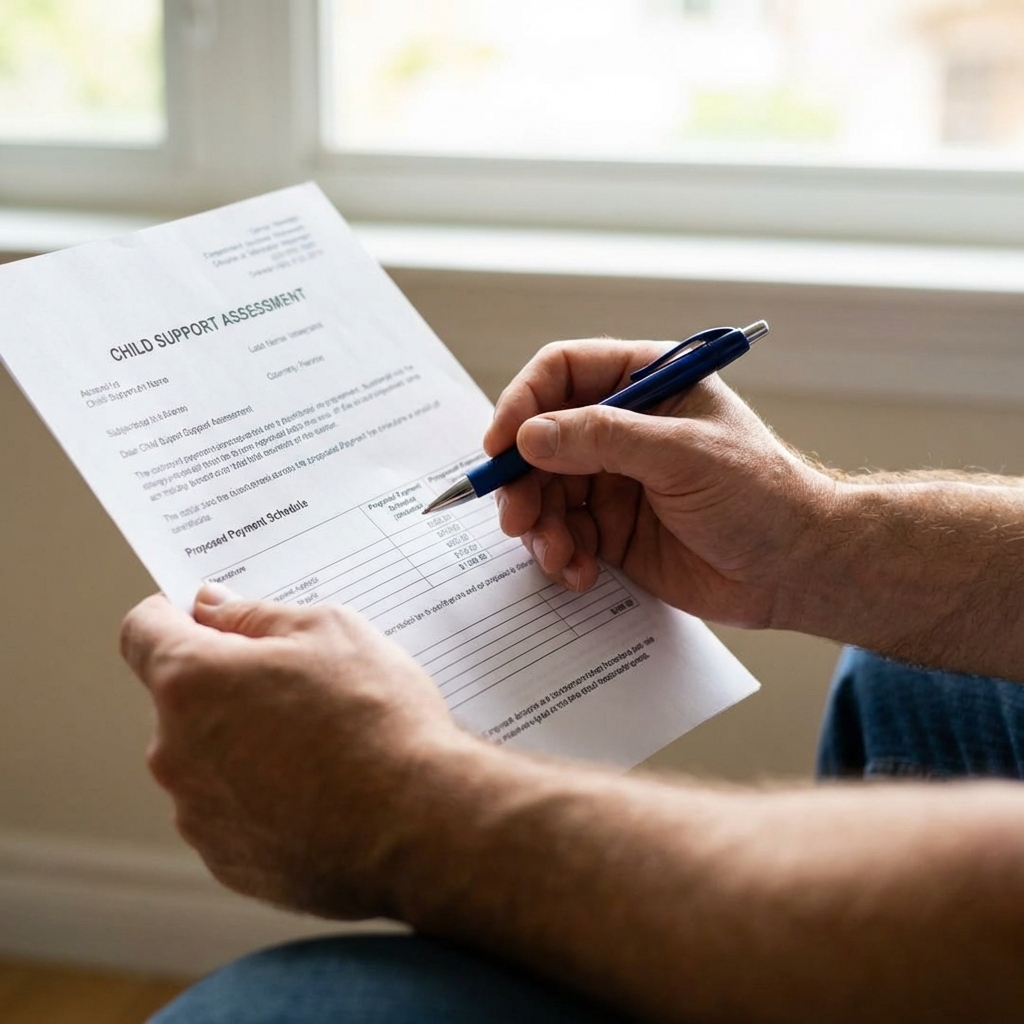 Hands reviewing Child Support Assessment document