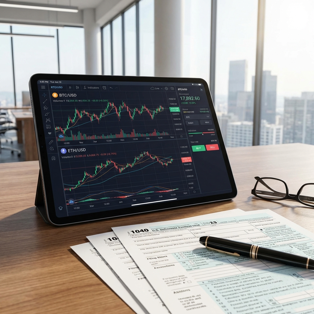 Tablet showing cryptocurrency trading graph and tax form