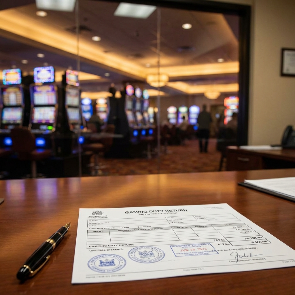 Casino floor background with Gaming Duty Return document