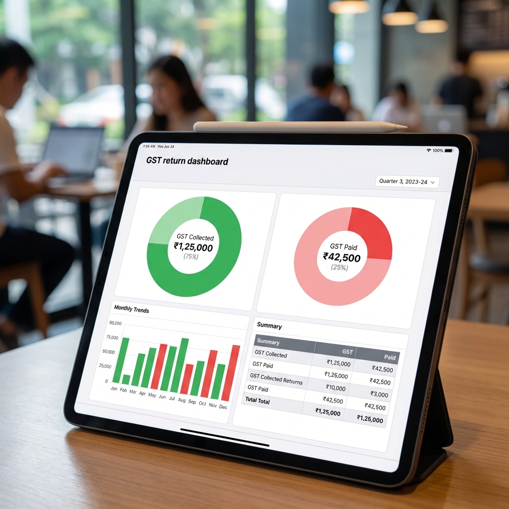 Tablet displaying organized GST return dashboard