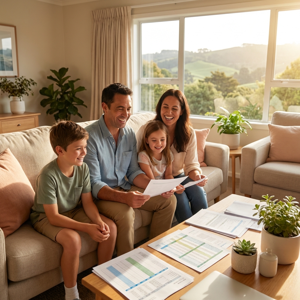 Happy New Zealand family reviewing financial papers at home