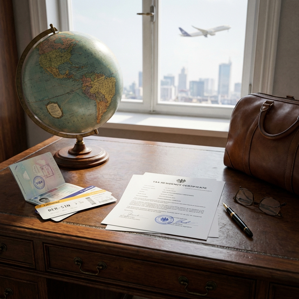 Globe, passport and flight tickets with tax residency document