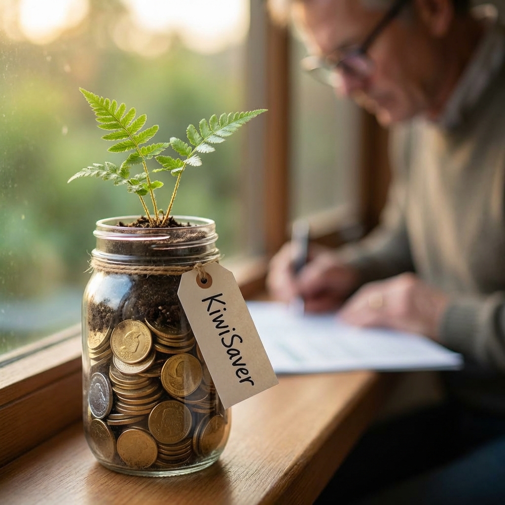 Plant growing from jar of coins symbolizing KiwiSaver growth
