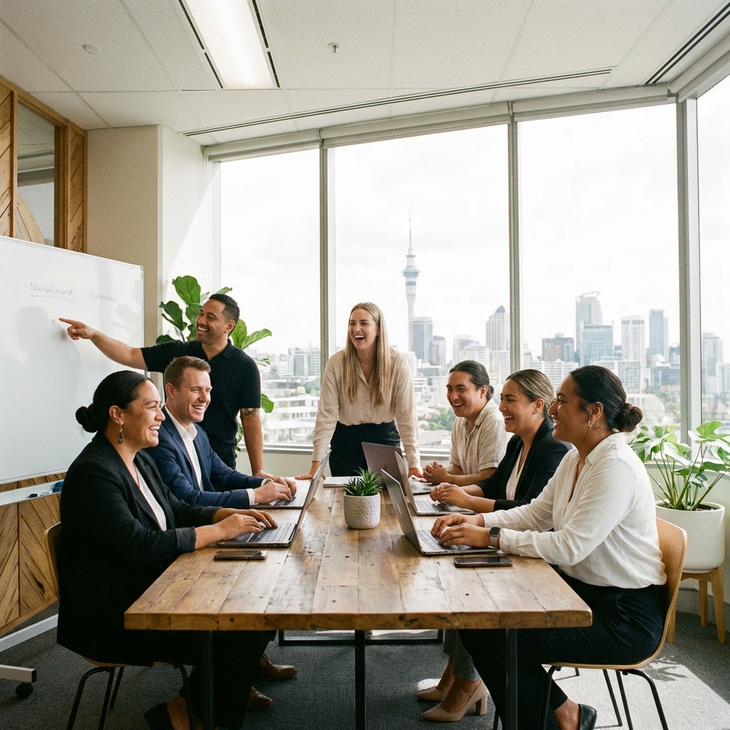 Happy diverse team in a modern NZ office environment