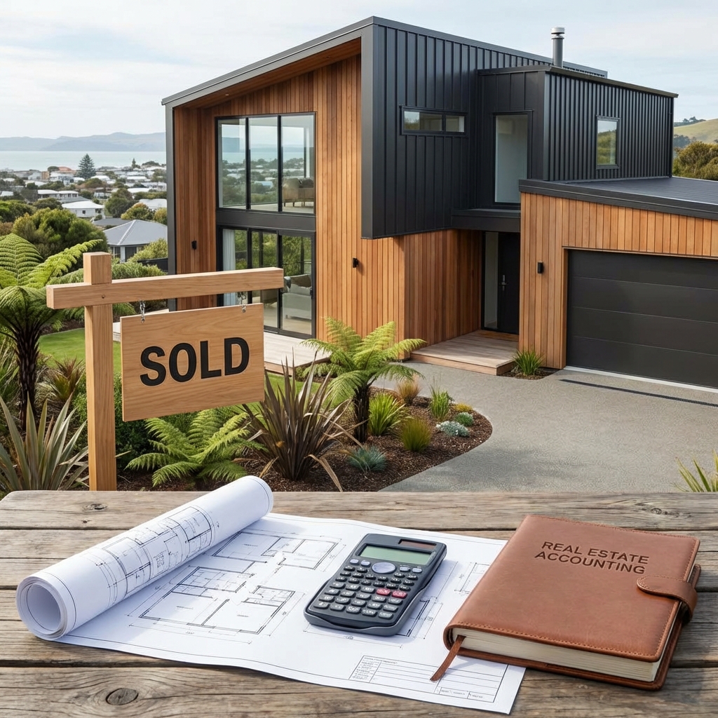 Modern NZ residential property with sold sign and blueprints