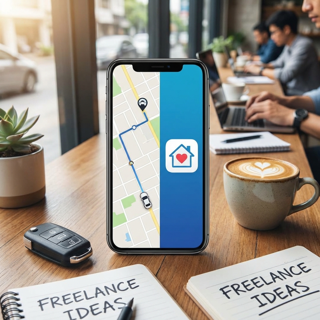 Smartphone showing ride-sharing map and home rental app