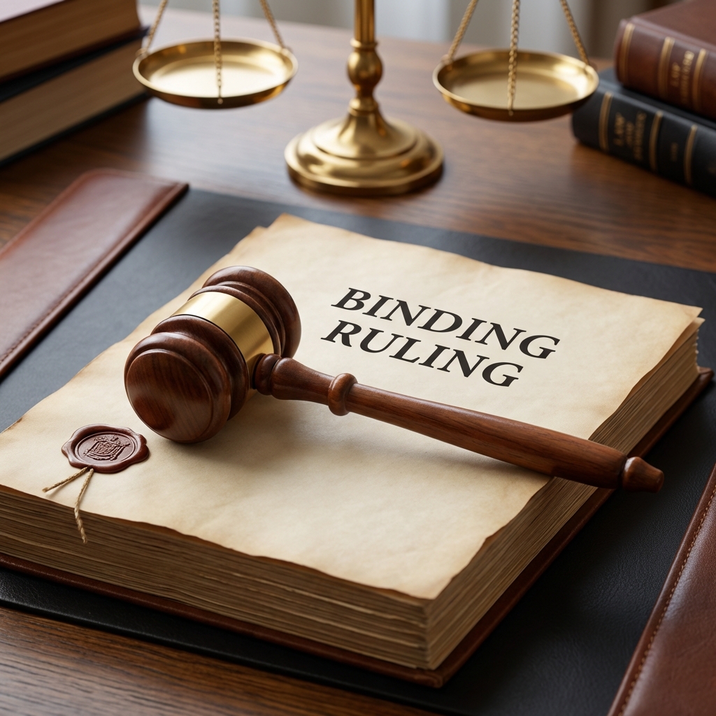 Gavel on binding ruling document with scales of justice