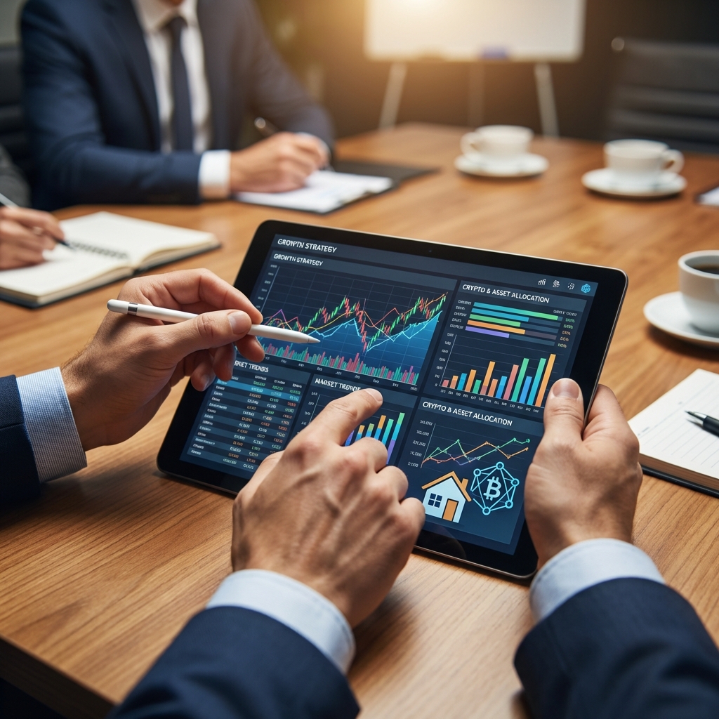 Close up of hands analyzing complex financial data and growth graphs