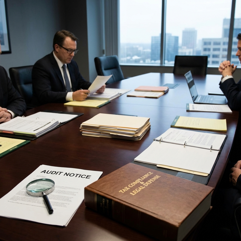 Meeting room with audit notice and magnifying glass