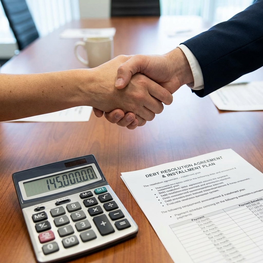 Calculator and debt resolution agreement