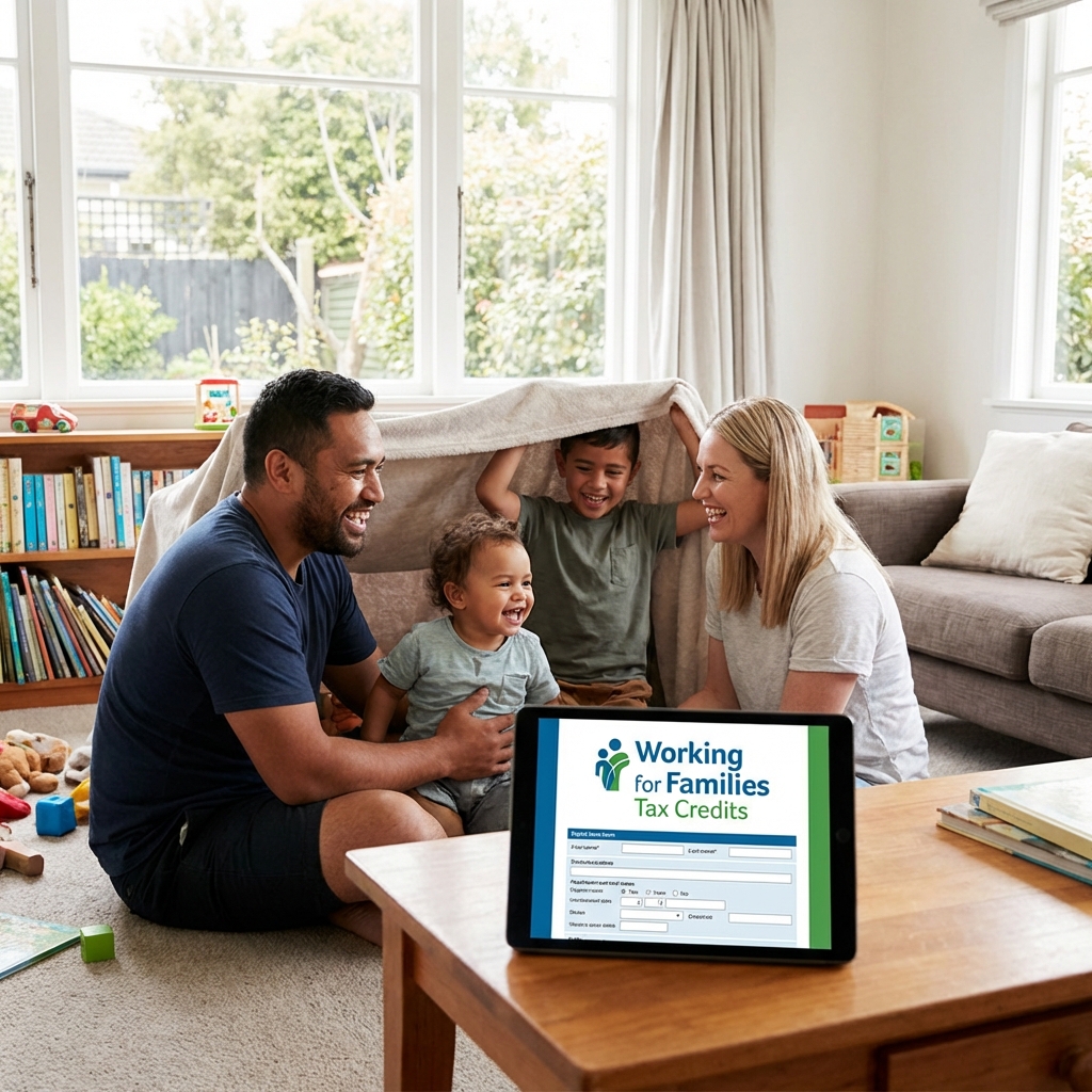 Family playing in living room with Working for Families form on tablet